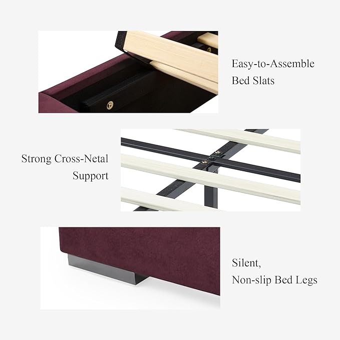 DEINPPA Luxury Queen Bed Frame with Built-in Gold LED Lights and Nightstands, Queen Size Platform Bed with Oversize Upholstered Headboard, No Box Spring Needed-Burgundy