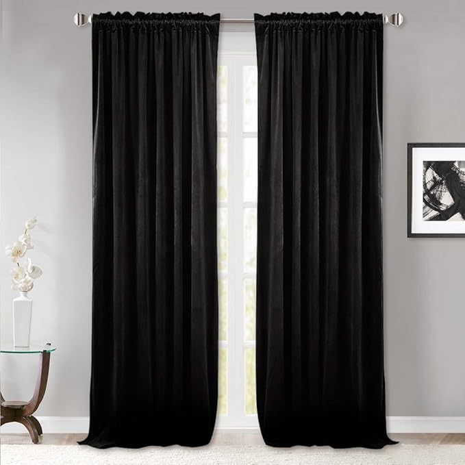 StangH Velvet Curtains 90 inches Long - Blackout Black Super Soft Rod Pocket Window Drapes Light Blocking Thermal Insulated Sliding Door Covering for Living Room, W52 x L90, 2 Panels