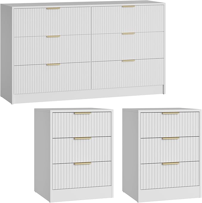 55" Long Dresser and Nightstand Set 3-Piece, 6 Drawer Dressers & Night Stand Set of 2 with Metal Handle, Fluted Modern Wood Chest of Drawers Storage Dressers Set for Bedroom, White