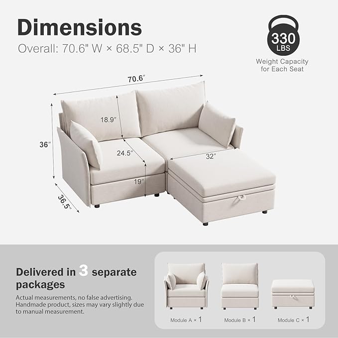 ABCASA Luxury Modular Sectional Sofa, L-Shaped 3-Seat Couch with Storage Ottoman Deep Seat & Reversible Chaise Lounge Chenille White for Compact Spaces, Apartments, Dorm