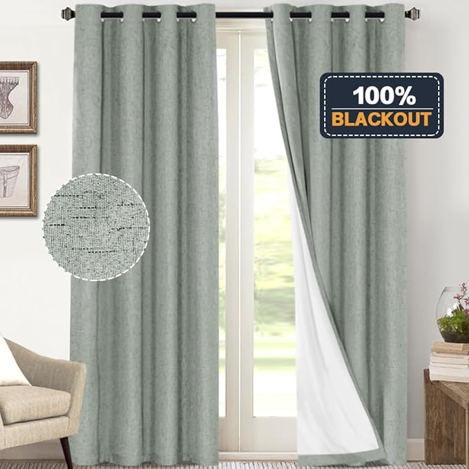 PrinceDeco Blackout Curtains 108 Inches Long 2 Panels Set for Bedroom Solid Thermal Insulated with White Liner Grommet Room Darkening Curtains & Drapes Luxury Decor for Living Room Nursery,Green Bay
