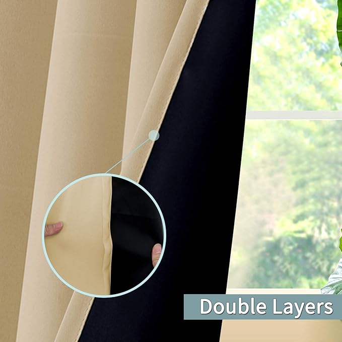 BGment Thermal Insulated 100% Blackout Curtains for Bedroom with Black Liner, Double Layer Full Room Darkening Noise Reducing Grommet Curtain (52 x 72 Inch, Beige, 2 Panels)