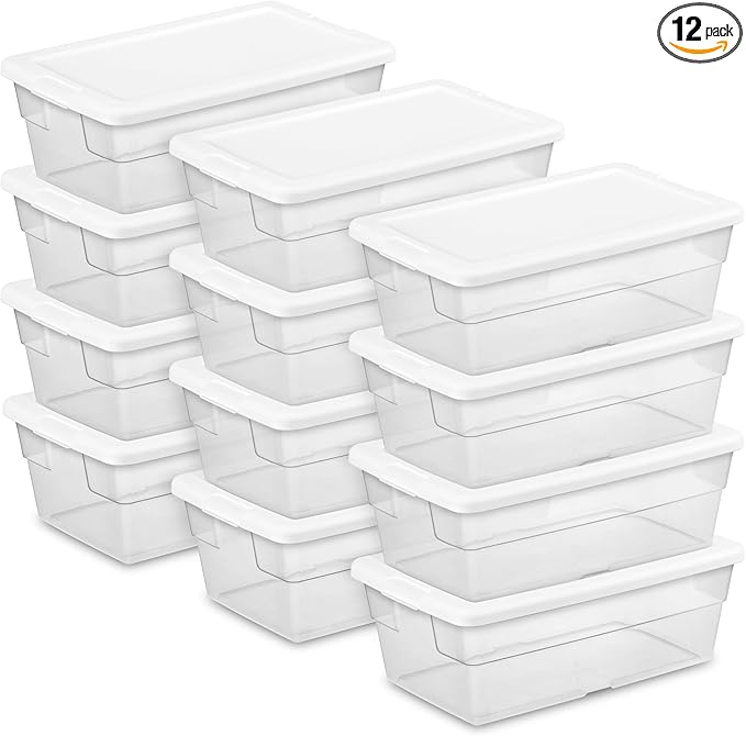 Sterilite 12-Pack 6 Quart Storage Boxes, Stackable Clear Plastic Bins with Snap-On Lids – Heavy-Duty Organizing Containers for Closet, Bathroom, and Office