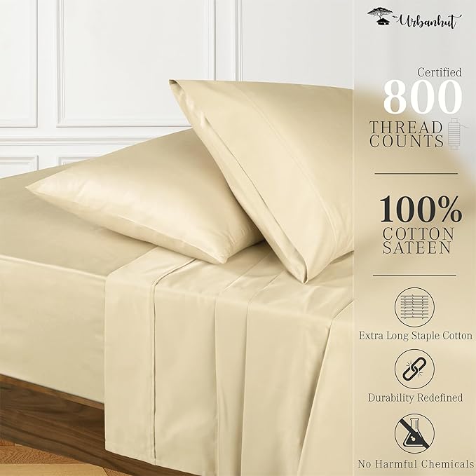 URBANHUT 800 Thread Count 100% Cotton Full Size Sheets, Luxury 4 Piece Full Bedsheets, Hotel Sheets Sateen Finish - Better Than Egyptian, 16" Elasticized Deep Pocket - Sand