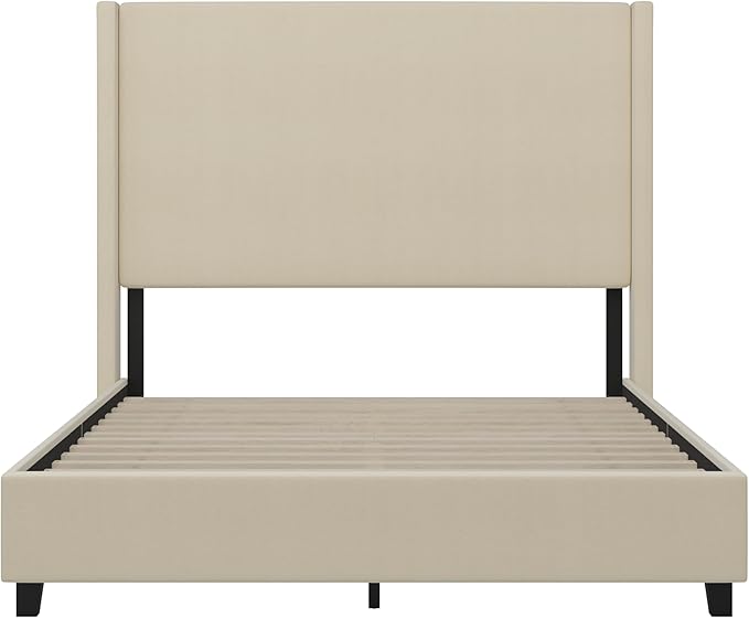 EMMA + OLIVER Nora Queen Size Faux Linen Upholstered Platform Bed with Plush Padded Wingback Headboard (No Box Spring Needed), Modern Upholstered Headboard Queen Bed Frame, Beige