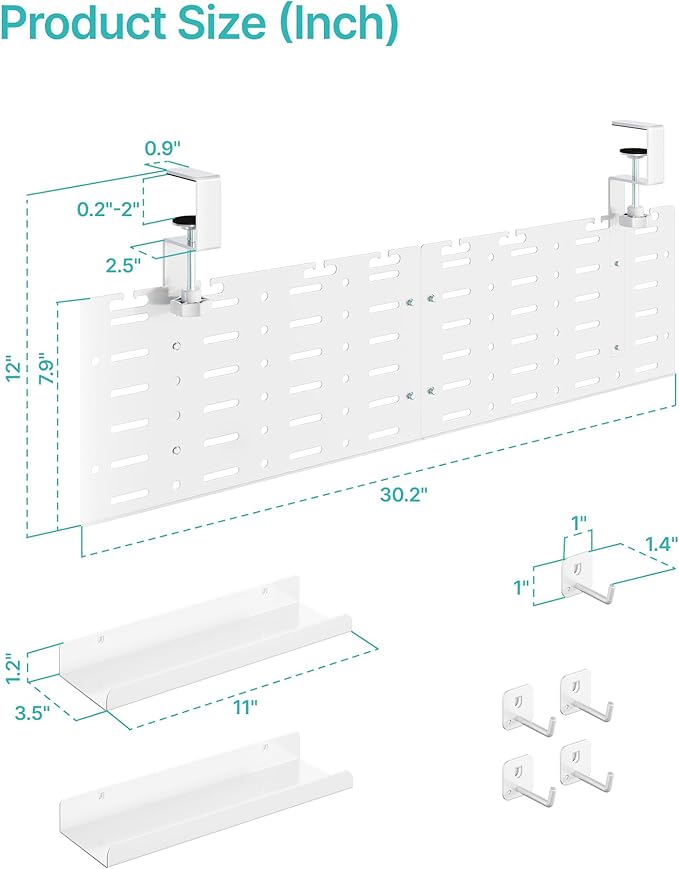 Under Desk Cable Management Tray, 30.2" Vertical Metal Pegboard Organizer for Power Strip, Cables, Clamp On Cord Organizer Rack with Hooks, Trays & Cable Straps for Home Office, White