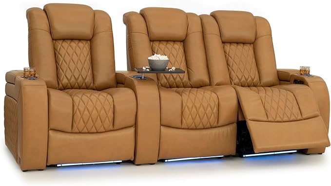 Seatcraft Diamante Zero-Gravity CoolZero Italian Leather Home Theater Seating, Power Headrest, Power Recline, Row of 3 Right Loveseat, Tan Oak