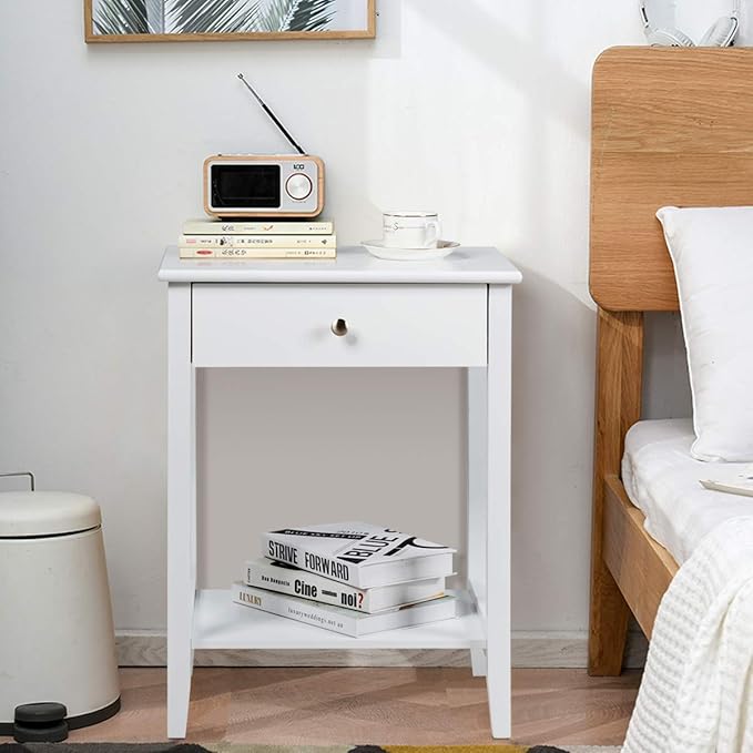 Giantex Nightstand Wooden 2-Tier Couch Sofa Side Table with Drawer, Storage Shelf, Solid Wood Legs,Mufti-Functional Home Furniture for Living Room Bedroom Study Room End Table (1, White)