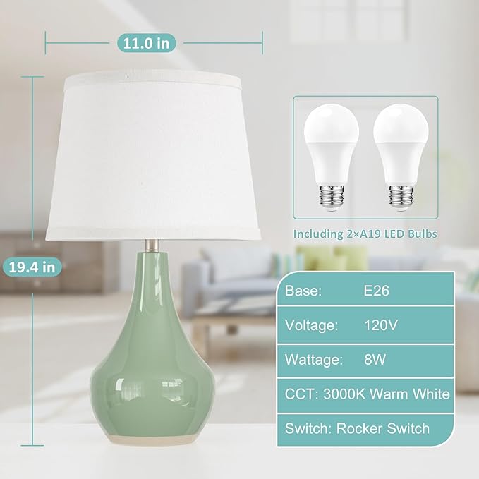 Seealle Modern Green Table Lamps Set of 2 - Bedside Lamps for Night Stands, 19.4" Bedroom Lamps for Living Room Sage Green Lamps with Rocker Switch