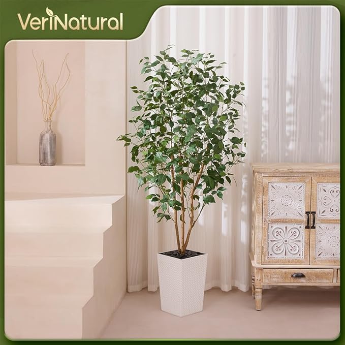 6ft Artificial Ficus Tree-Tall Faux Tree with Pebbles & Planter UV Resistant Potted Fake Plant with Silk Leaves & Real Wood Trunk-Indoor Outdoor Floor Plant for Home,Living Room,VN129