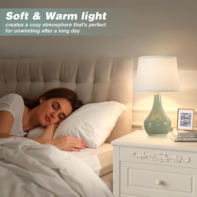 Seealle Modern Green Table Lamps Set of 2 - Bedside Lamps for Night Stands, 19.4" Bedroom Lamps for Living Room Sage Green Lamps with Rocker Switch