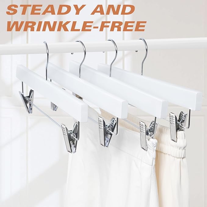 BAGAIL 10 Pack Wooden Pants Hangers with Adjustable Clips, 360°Swivel Hook Space Saving Skirt Holders with Anti-Rust Clips for Trousers, Jeans, Shorts (White)