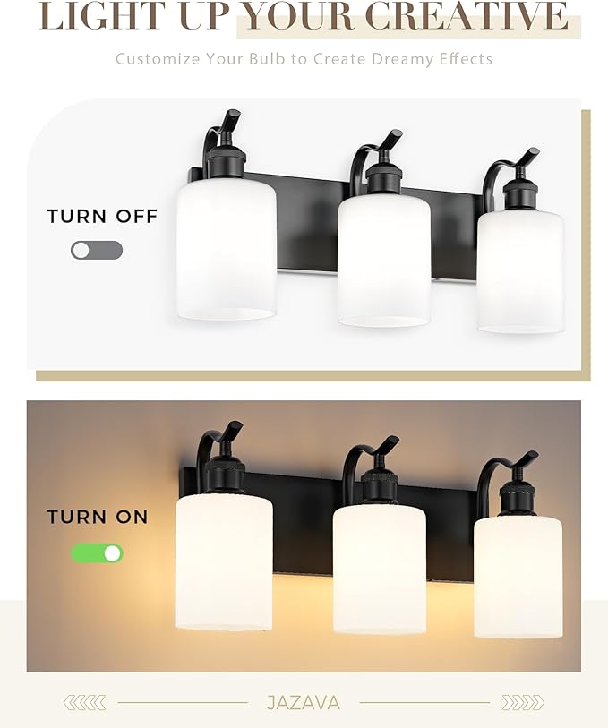 Black Vanity Light, 3-Light Bathroom Light Fixture, Modern Wall Sconce with Milk Glass, VL01BKW-3