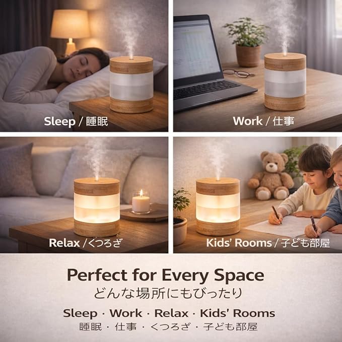 Bamboo Ultrasonic Cool Mist Humidifier with Phone Stand, 400ml Quiet Desktop Mini Humidifier with Dual LED Night Light, USB-C Powered, Auto Shut-Off for Bedroom, Office & Home