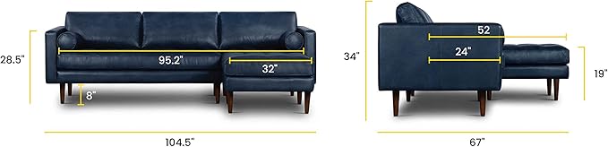 Poly & BARK Napa Right-Facing Sectional Sofa – 104.5” Italian Leather Sectional with Chaise – Midnight Blue – Full-Grain Pure-Aniline & Semi-Aniline Upholstery