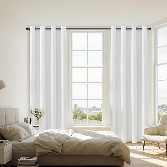 ChrisDowa 100% Blackout Pure White Solid Curtains 102 Inches Long 2 Panels for Bedroom Living Room,Farmhouse Room Darkening Thermal Insulated Soundproof Grommet Top Window Treatment Drapes,52x102