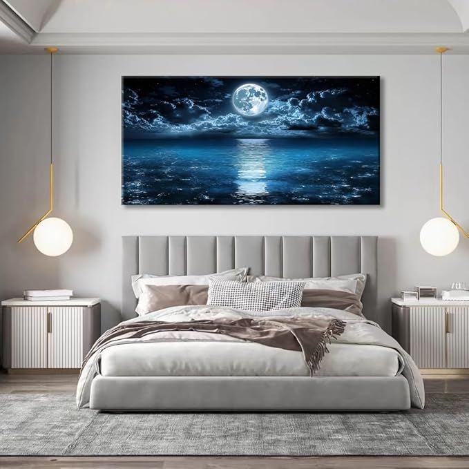 Huaaliunn Big Moon Canvas Wall Art - Modern Seascape Paintings for Living Room, Bedroom Wall Decor, Art for Home or Office Decoration, Large Wall Art 71"x36"