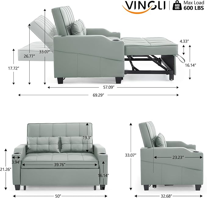 VINGLI Light Green Futon Sofa Bed Convertible Loveseat Sleeper Couch, Faux Leather Pullout Sofa Fold Out Couch Bed with USB Ports, Cup Holders, Armrest for Living Room, Bedroom Apartment Room