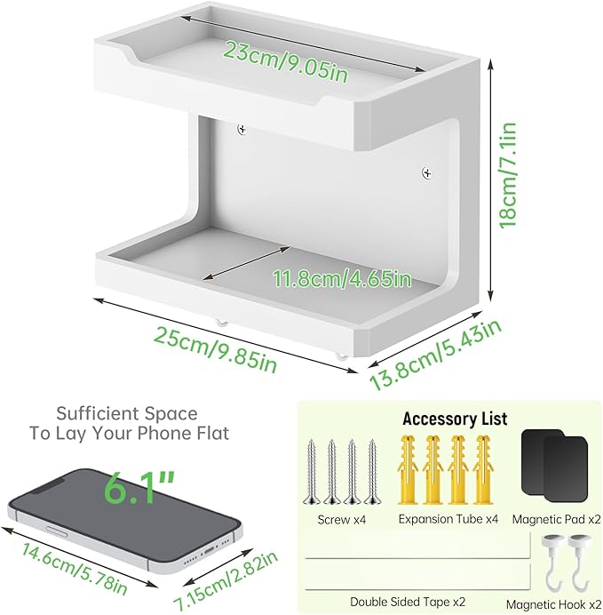 NiHome Large Wall Mounted Wooden Bedside Organizer, Double Storage Shelves & Magnetic Hooks, Solid Wood Bedside Shelf for Phone Glasses Remote Keys, Space-Saving Wall Rack for Bedroom RV Dorm (White)