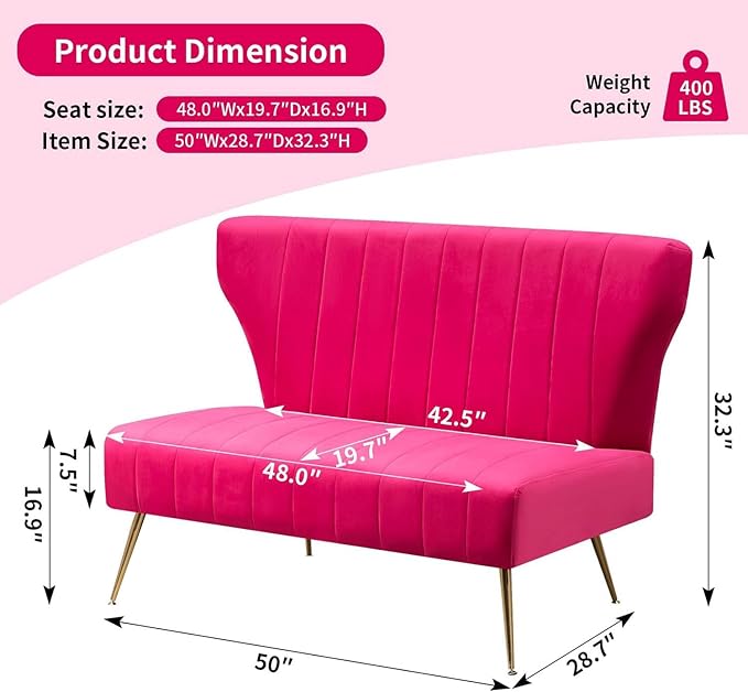 50’’ Armless Loveseat Sofa, Comfy Upholstered Velet Small Couch Sofa with Gold Legs, 2 Seater Tufted Modern Couch for Living Room, Bedroom, Apartment Small Space (Fuchsia)