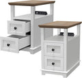 HIFYOBRO End Table with Flip Top Charging Station Set of 2, White Side Table with 2 Drawers, Type-C & USB Port & Power outlets, Narrow Wooden Storage Cabinet for Living Room and Bedroom