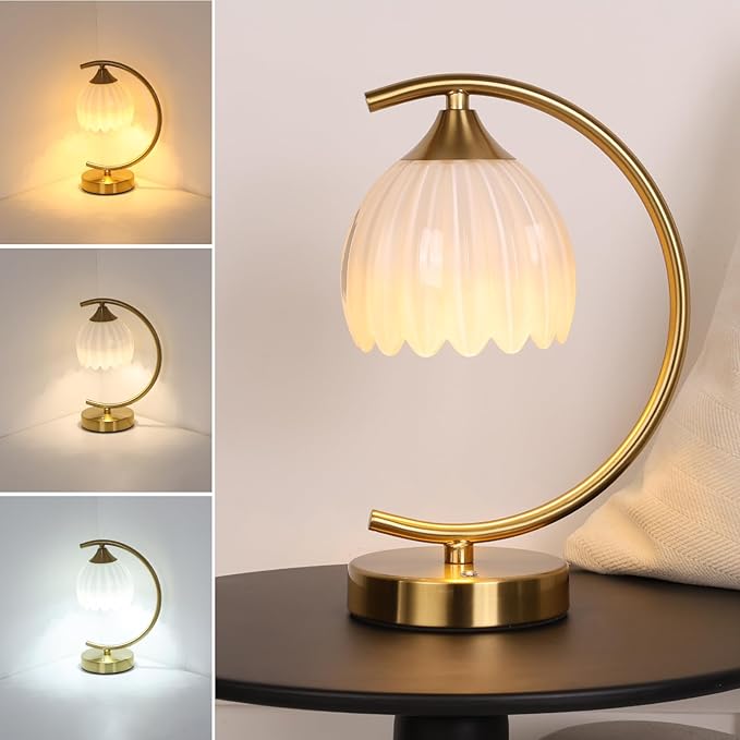 Tulip Table Lamp with 5200mAh Battery & Touch Control, Cordless Lamp with 3 Color Temperatures Clear Bulb, Rechargeable Small Table Lamps for Living Room, Bedside, Nightstand (White Tulip)
