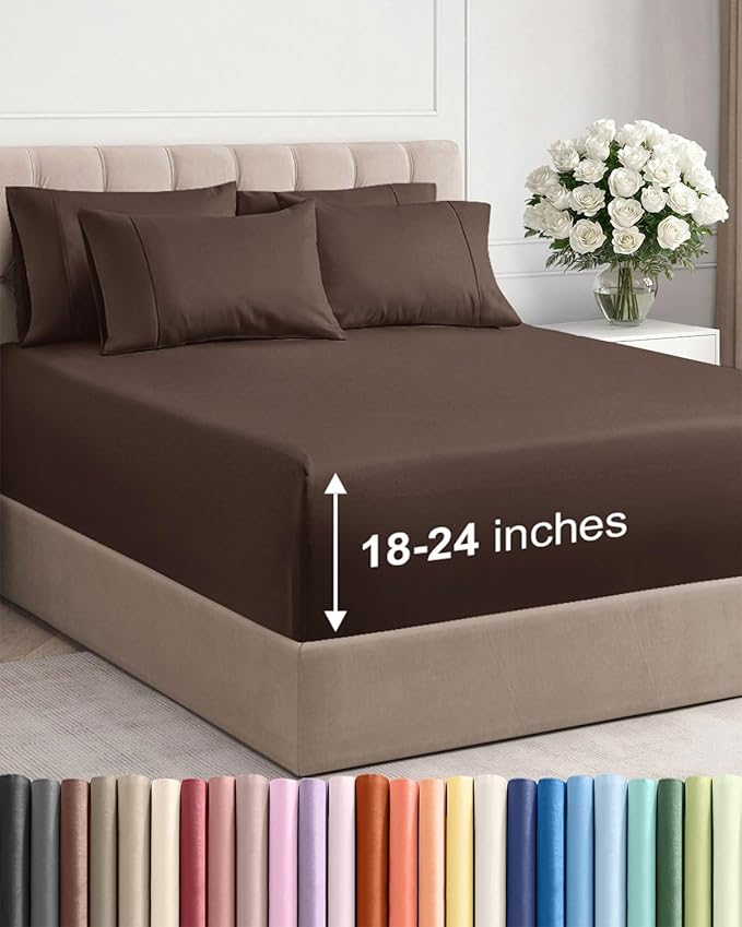 Extra Deep Full Sheet Set - 6 Piece Breathable and Cooling Sheets - Hotel Luxury Bed Sheets Set - Easy & Secure Fit - Soft, Wrinkle Free and Comfy Sheets Set - Brown Sheet Set with Extra Deep Pockets