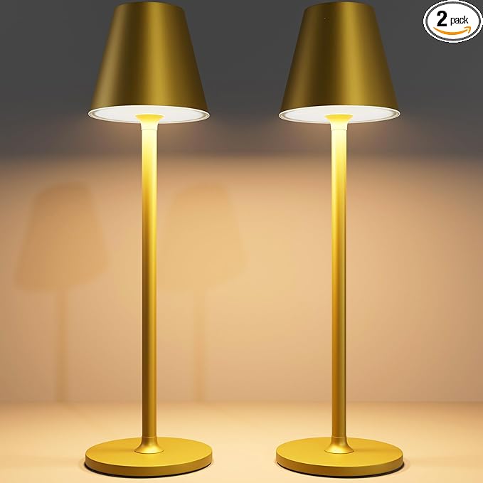 LED CordlessTable Lamp,4000mAh Rechargeable Battery Desk lamp,3 Level Brightness Beside Night Light, Minimalist Design, for Couple Dinner/Coffee Table/Restaurant/Bedroom(Bronze 2PACK)