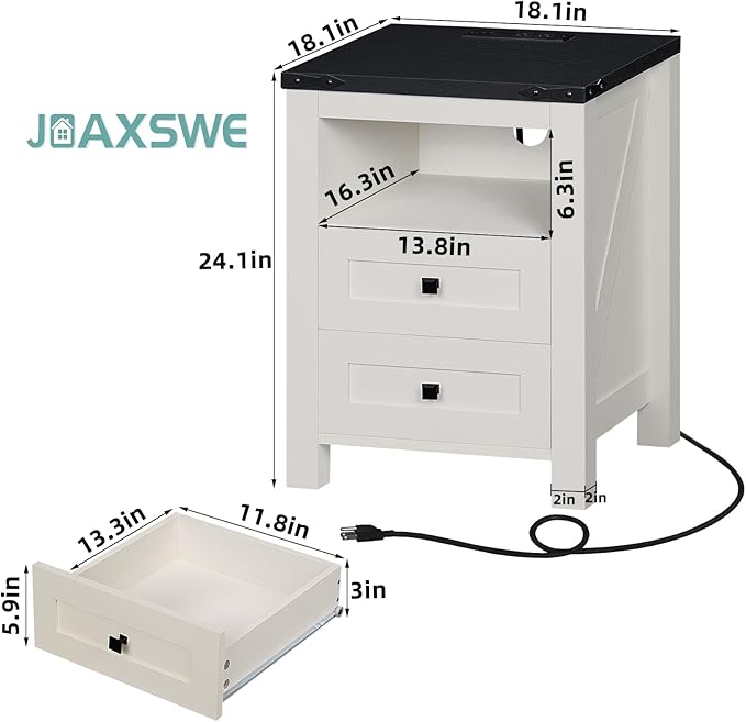 Joaxswe Night Stands with Charging Station Set of 2, Farmhouse Nightstand, White Wooden Bedside End Tables with 2 Drawers and Open Shelf, Bed Side Table for Bedroom, Living Room, Closet, Office