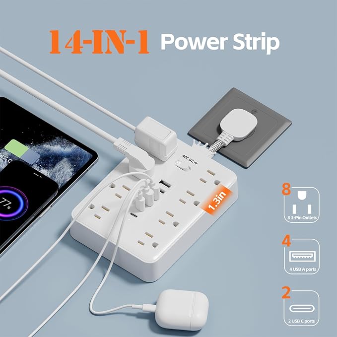 Surge Protector Power Strip(900J) -MCSCN 8 Outlets 6 USB - 15A/1875W - Ultra-Thin Plug & Cord - UL Certified - Home/Office Use
