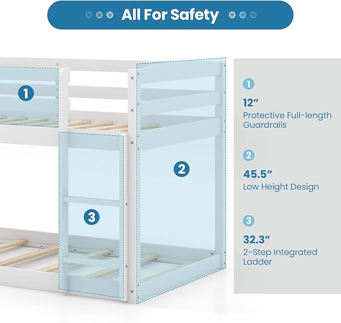 KOMFOTT Low Bunk Bed Twin Over Twin, Solid Wood Bunk Bed Frame with Built-in Ladder & Safety Guardrails, Space-Saving Low Bunk Bed for Kids, Teens, No Box Spring Needed
