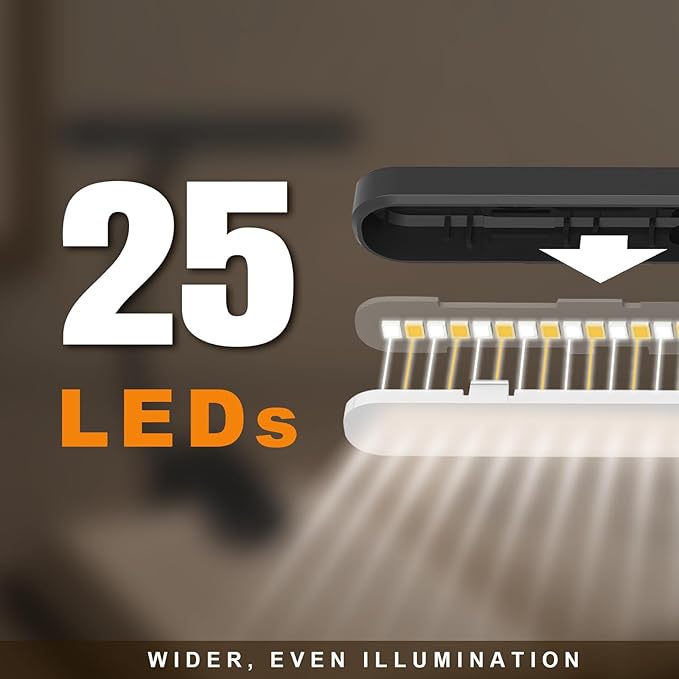 Rechargeable Book Lights for Reading at Night 25 LED - Eye Caring 15 Level Stepless Dimming, Extended 60Hrs Runtime, Lightweight Clip on Light, Gifts for Book Lovers, Black