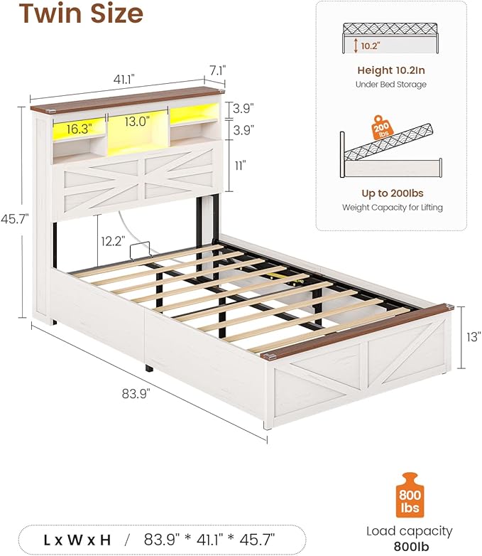 AOGLLATI Farmhouse Twin Bed Frame with Lift Up Storage & Hidden Bookcase Storage Headbord, Wood Bed Frame Twin with Charging Station, Led Lights, No Box Spring Needed, Antique White