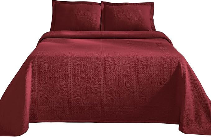 Superior 100% Cotton Basket Weave Bedspread with Shams, All-Season Premium Cotton Matelasse Jacquard Bedding, Quilted-Look Geometric Basket, King, Garnet