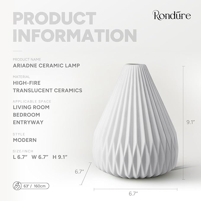 RONDURE 9.1" Modern Ceramic Table Lamp, Fully Dimmable Modern Bedside Lamps for Bedroom, Living Room and Nightstand, White Translucent Ceramic Shade, Warm Ambient Lighting, Corded, Bulb Included