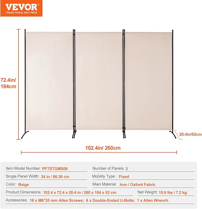 VEVOR Room Divider, 3 Panel Room Divider, Folding Privacy Screen and Portable Partition Divider for Room Separation, Freestanding Room Partitions for Office, Bedroom, Study, Beige