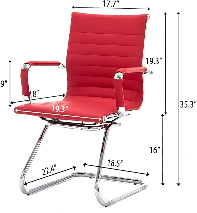 Wahson Office Guest Chairs Set of 2, Leather Reception Chairs, Mid Back Waiting Room Chair, Conference Chairs with Sled Base, Desk Chair No Wheels for Meeting/Lobby/Restroom, Dark Red