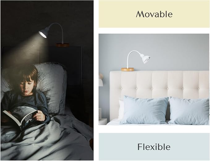 Solfres Patented Innovative Design Headboard Reading Light. No Drilling Golden Book Light for Bedtime Reading. Dimmable LED Book Reading Lamp with Bulb. Movable & Flexible, White