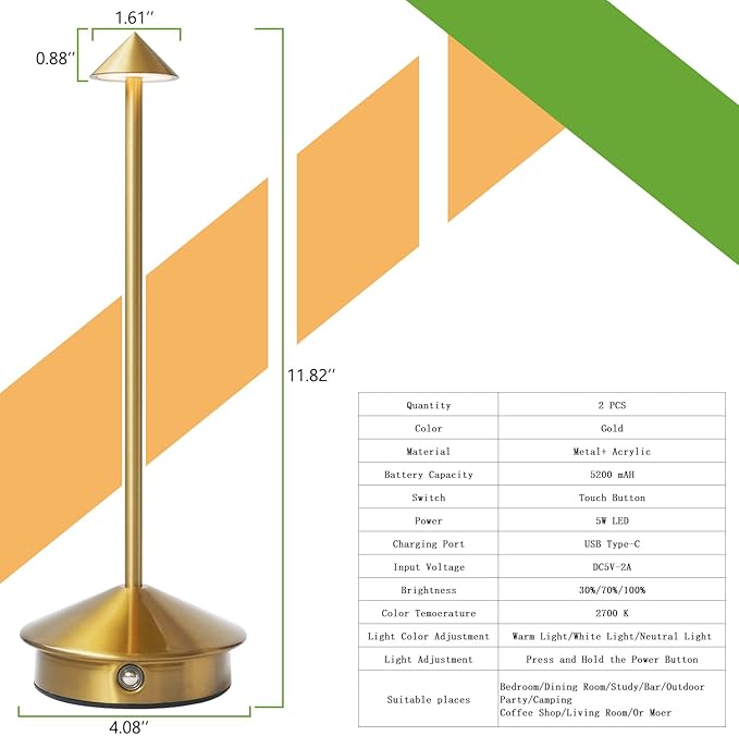 2 Pack Cordless LED Table Lamp, Rechargeable 5200mAH Battery Operated Lamp for Decor, 3 Color Stepless Dimming Desk Lamps, for Restaurant, Bedroom, Outdoor Camping, Coffee Shop, Night Light
