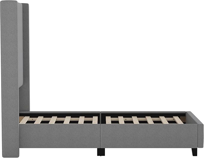EMMA + OLIVER Nora Twin Size Faux Linen Upholstered Platform Bed with Plush Padded Wingback Headboard (No Box Spring Needed), Modern Upholstered Headboard Twin Bed Frame, Gray