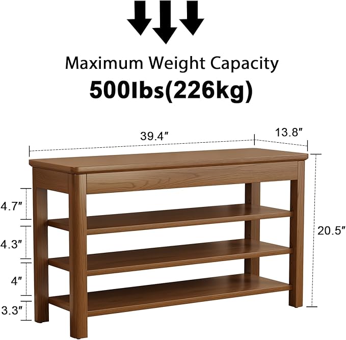 AQIMUELE 3 Tier Shoe Bench with Storage, Wood Shoe Rack for Front Door Entrance, Entryway Shoe Storage Bench.