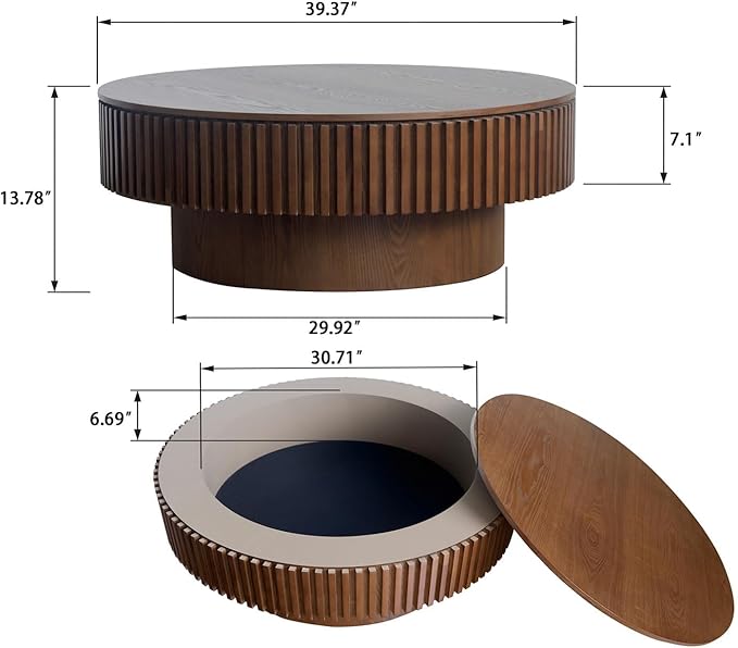 LKTART Round Coffee Table for Living Room, Accent Fluted Drum Coffee Table with Storage, Modern Solid Wood Veneered Circle Center Tea Table for Small Space Apartment (39.4''D×14''H-Walnut)