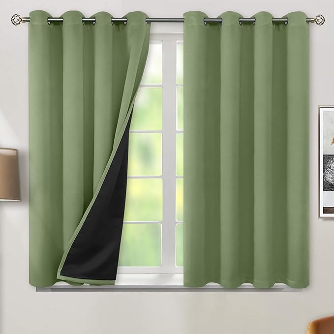 BGment Short 100% Blackout Curtains for Bedroom, Thermal Insulated Energy Efficiency Noise Reducing Grommet Curtains 45 Inch Length with Liner for Small Window 2 Panels Each 52 Inch Wide, Grass Green