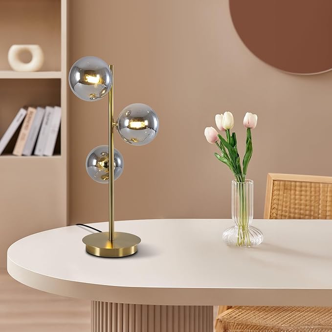 Mid Century Globe Table Lamp, Modern 3 Lights Gold Brass Desk Lamp, Contemporary Smoky Grey Glass Globe Bedside Lamp for Bedroom Living Room Study Room
