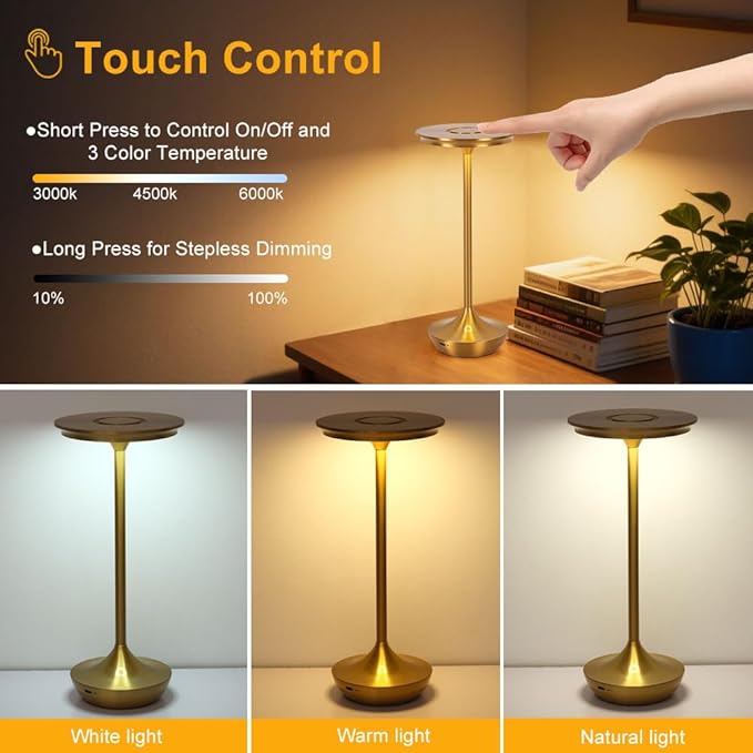 EJQ Rechargeable Cordless Table Lamp, 6000mAh Battery Operated LED Table Lights Outdoor Portable Touch Dimmable Table Lamp for Bedroom Patio Cofee Restaurant Dining Home Set of 2-Gold