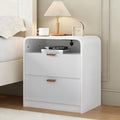 24” Fluted Nightstand with Charging Station, Modern Bedside Table with 2 Drawers, Curved Profile Design, Wooden End Table with Storage for Bedroom, Living Room, White