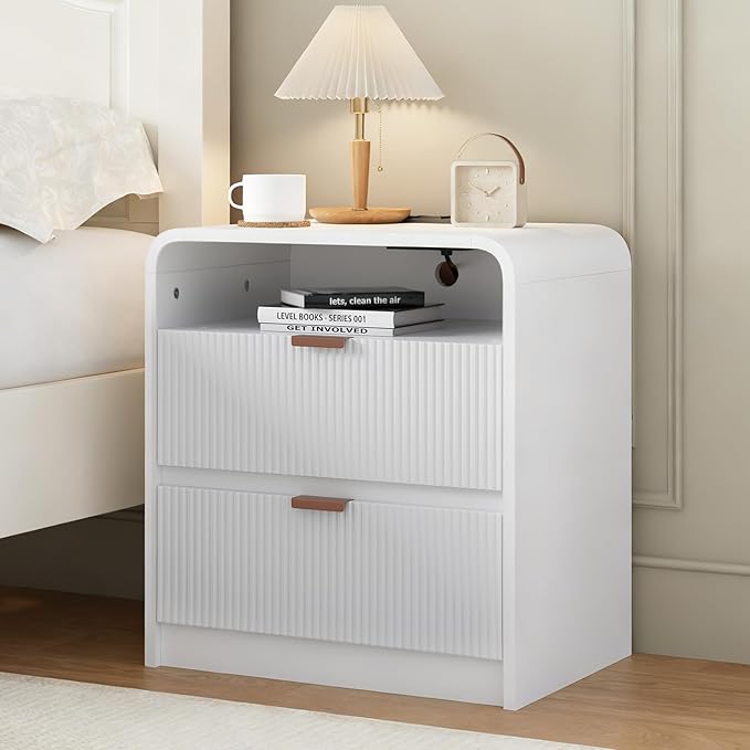 24” Fluted Nightstand with Charging Station, Modern Bedside Table with 2 Drawers, Curved Profile Design, Wooden End Table with Storage for Bedroom, Living Room, White