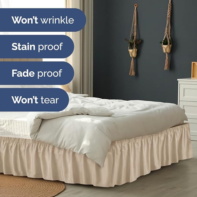 Wrap Around Dust Ruffle Bed Skirt - Wheat - Twin/Twin XL Size Beds w/ 12 Inch Drop - Easy Fit Elastic Strap - Adjustable Pleated Bedskirt w/Brushed Fabric - Wrinkle Free - Women, Men, Kids & Teens