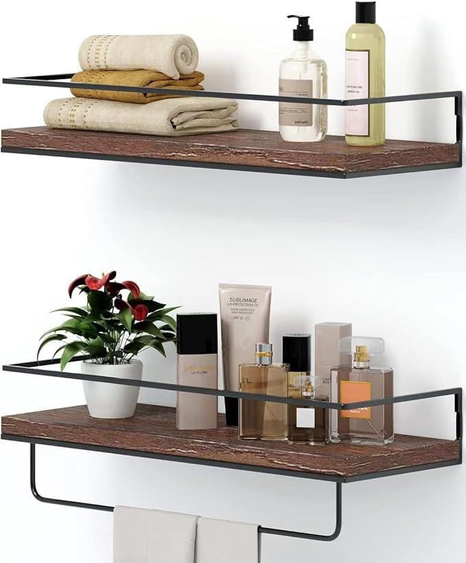 Shario Rustic Wood Floating Shelves - Set of 2, Wall Mounted Hanging Shelves with Black Towel Rack, Decorative Storage Shelves for Bathroom, Kitchen, Living Room & Bedroom (Dark Carbonized Brown)