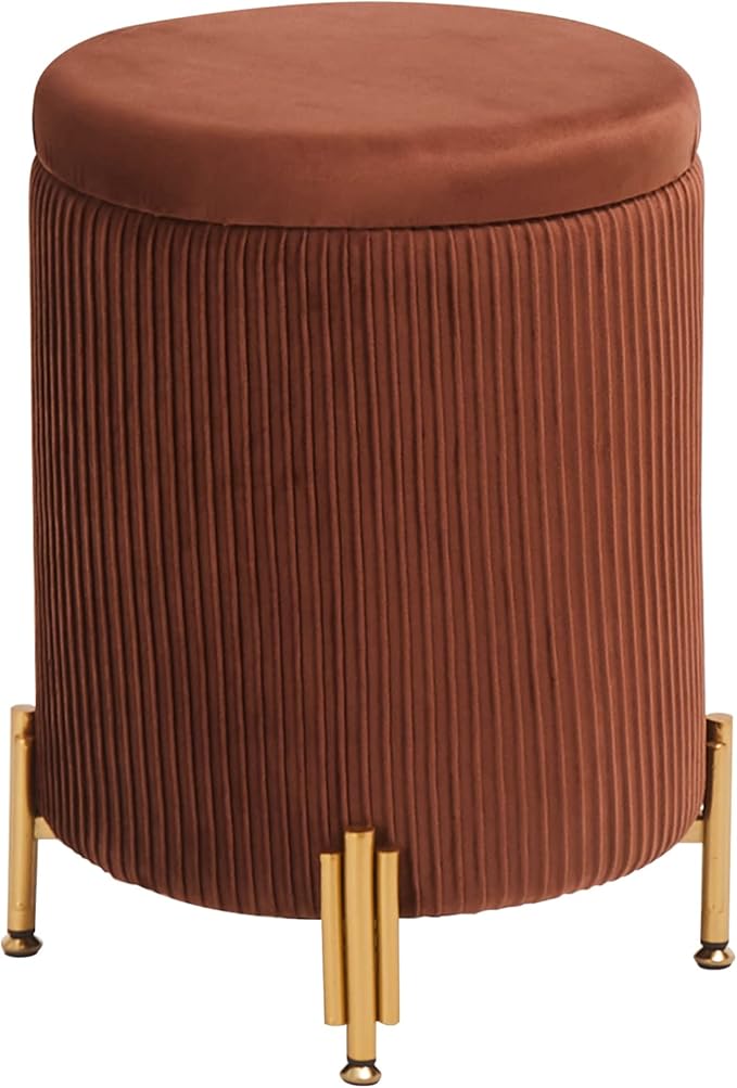 Mxfurhawa Round Ottoman Foot Stool with Storage and Metal Legs for Living Room Bedroom, Velvet Upholstered Footrest Stool Support 300lbs Modern Padded Seat Ottoman Coffee Table (Caramel)